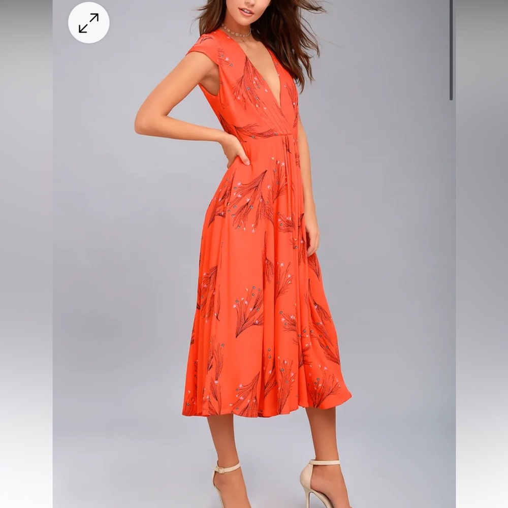 Free People Retro Coral Orange Floral Print Midi Dress